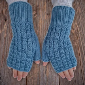 Hand Knit Women Fingerless Wool Gloves Denim Blue