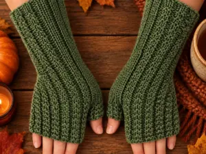 Hand Knit Women Fingerless Wool Gloves Laurel Green