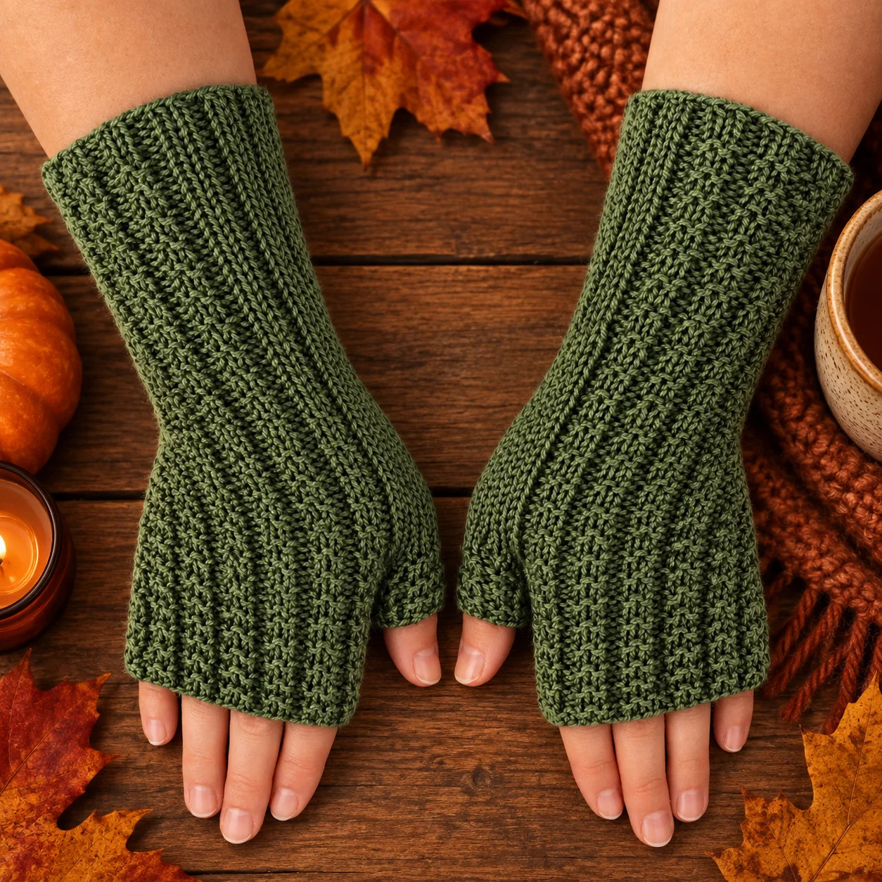 Hand Knit Women Fingerless Wool Gloves Laurel Green