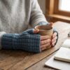 Hand Knit Women Fingerless Wool Gloves Denim Blue