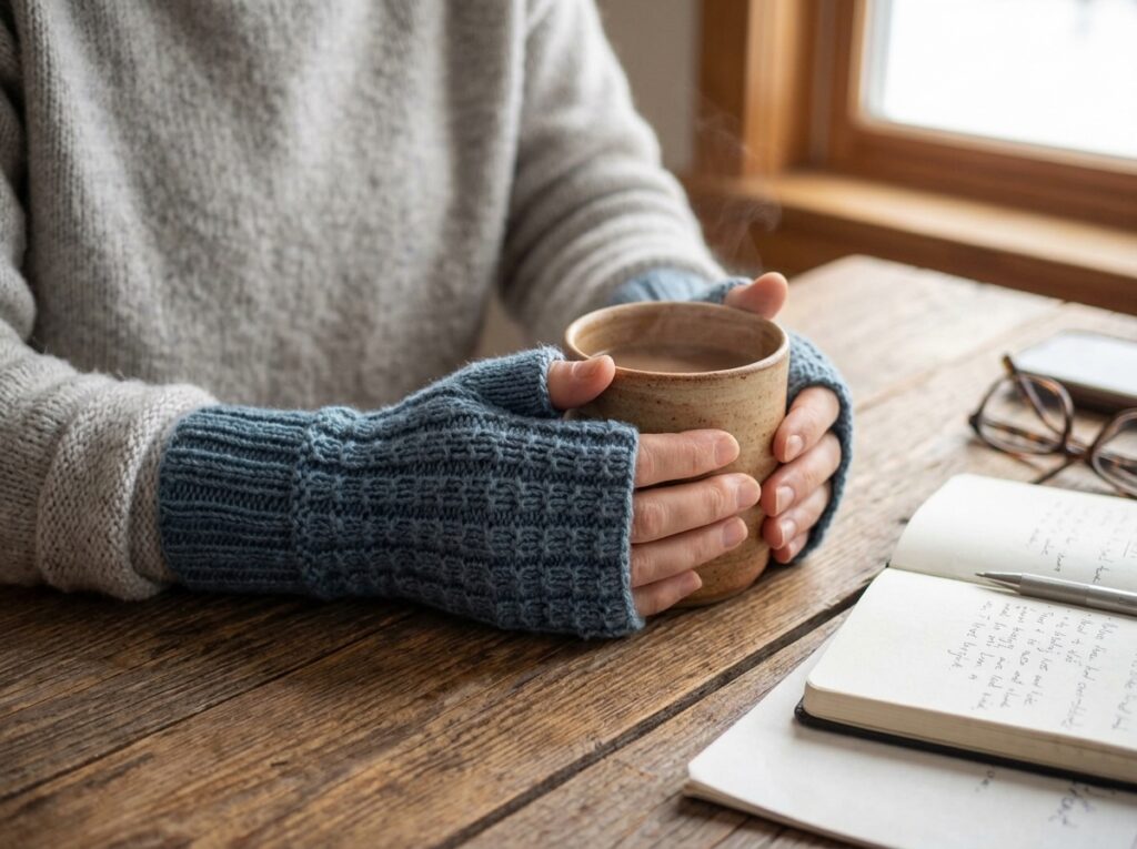 Hand Knit Women Fingerless Wool Gloves Denim Blue