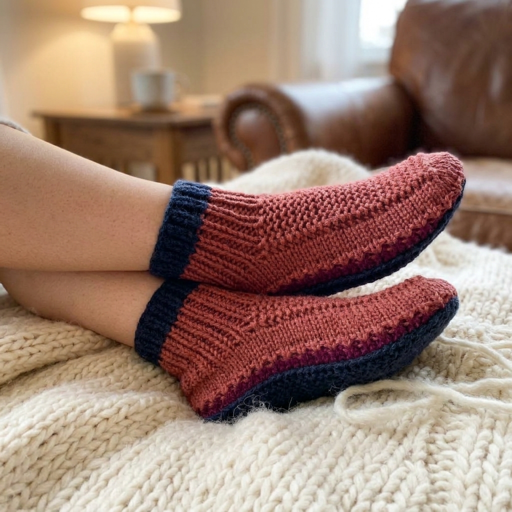 Hand-Knitted Wool Slippers – Cozy Rust & Black House Shoes